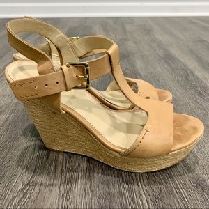 Marc Fisher Harlei Open Toe Leather Tan Wedge SZ 9